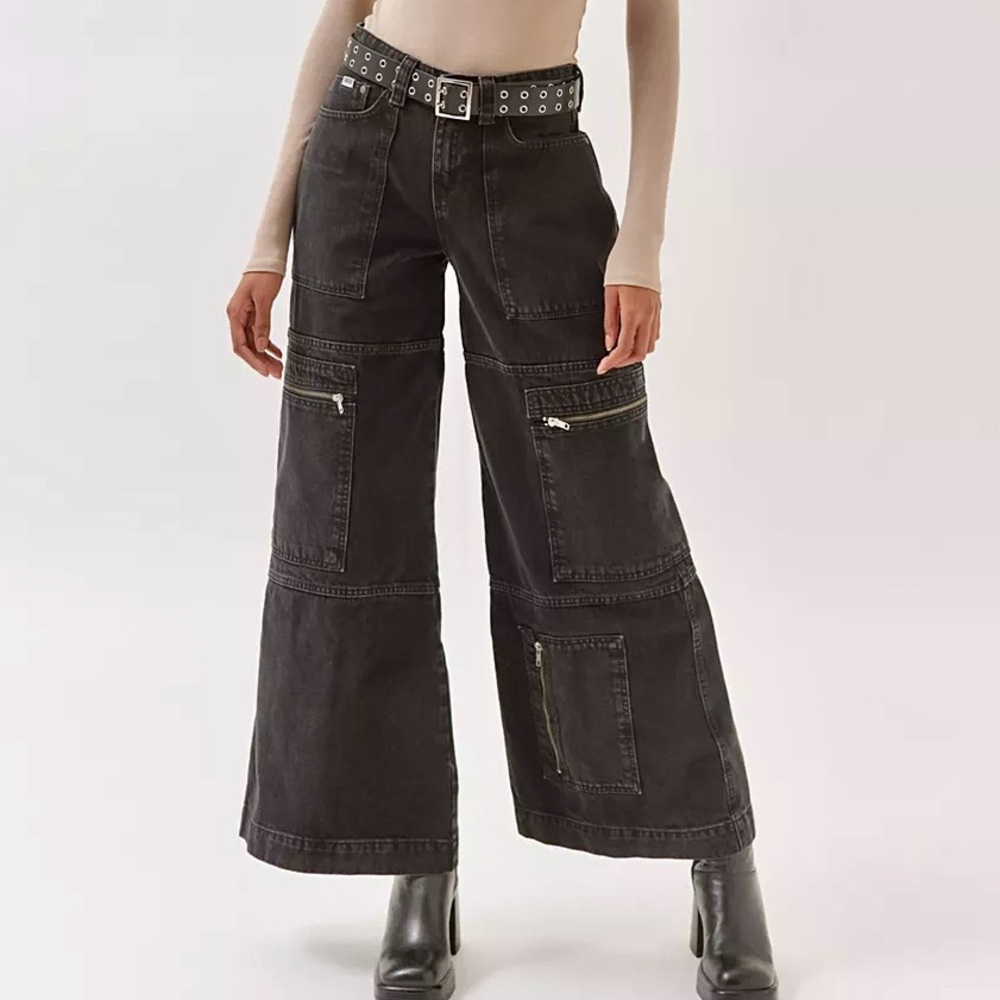 The Ragged Priest Black Wide Leg Flare Cargo Jeans